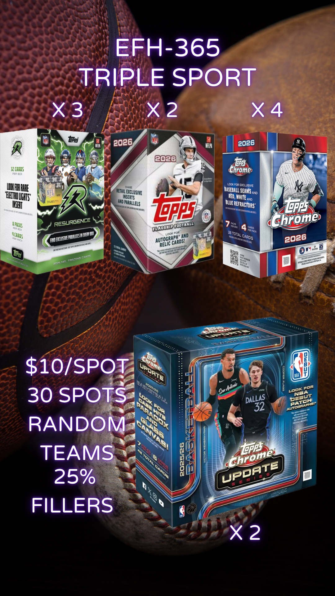 EFH-365 TRIPLE SPORT-25% fillers-Random teams 30 SPOTS